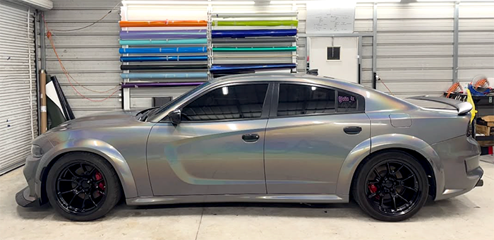 Dodge Charger wrapped in a gloss flip psychedelic vinyl wrap by Slap A Wrap
